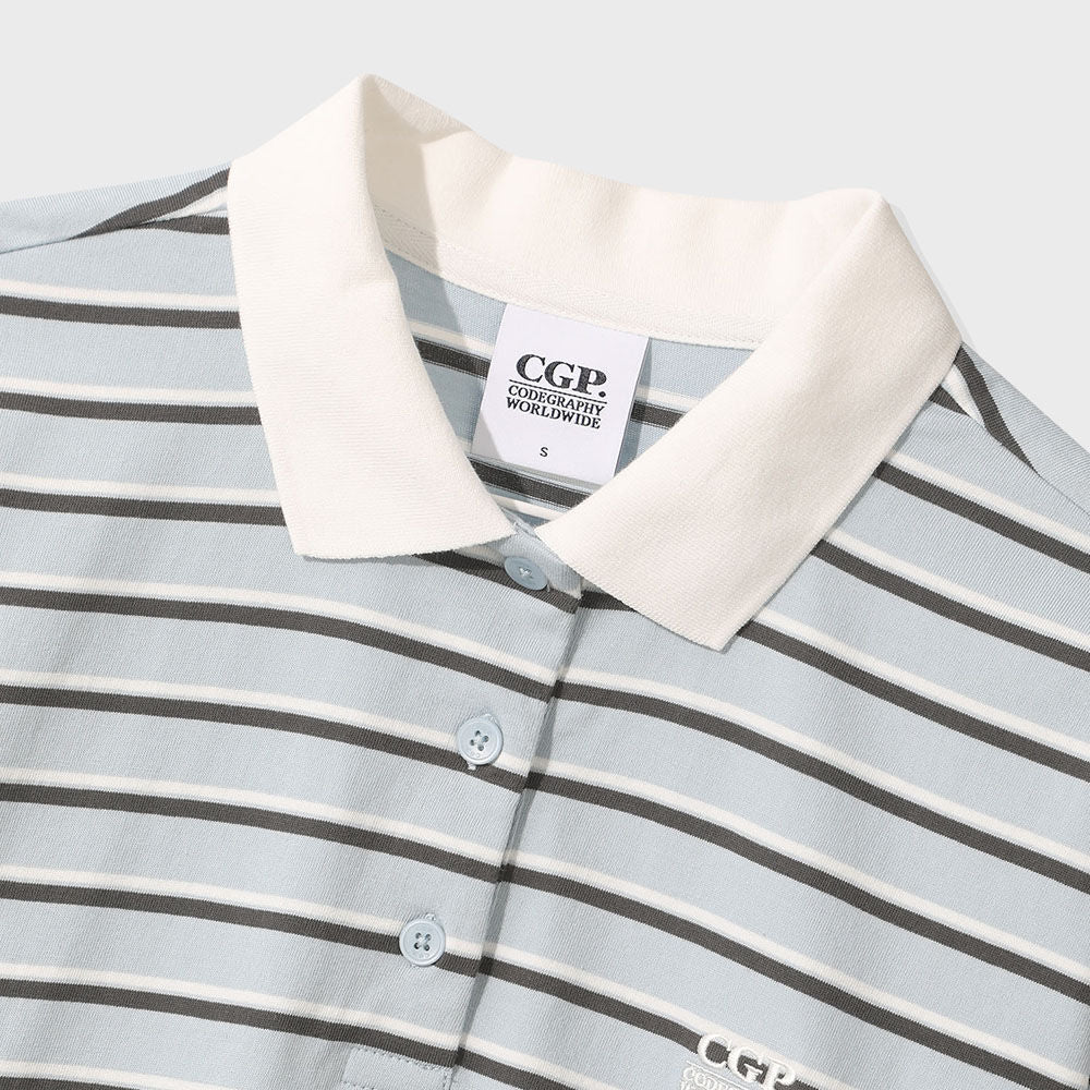 CGP (Women) Overfit Striped Short Sleeve Collar T-Shirt - Sky Blue