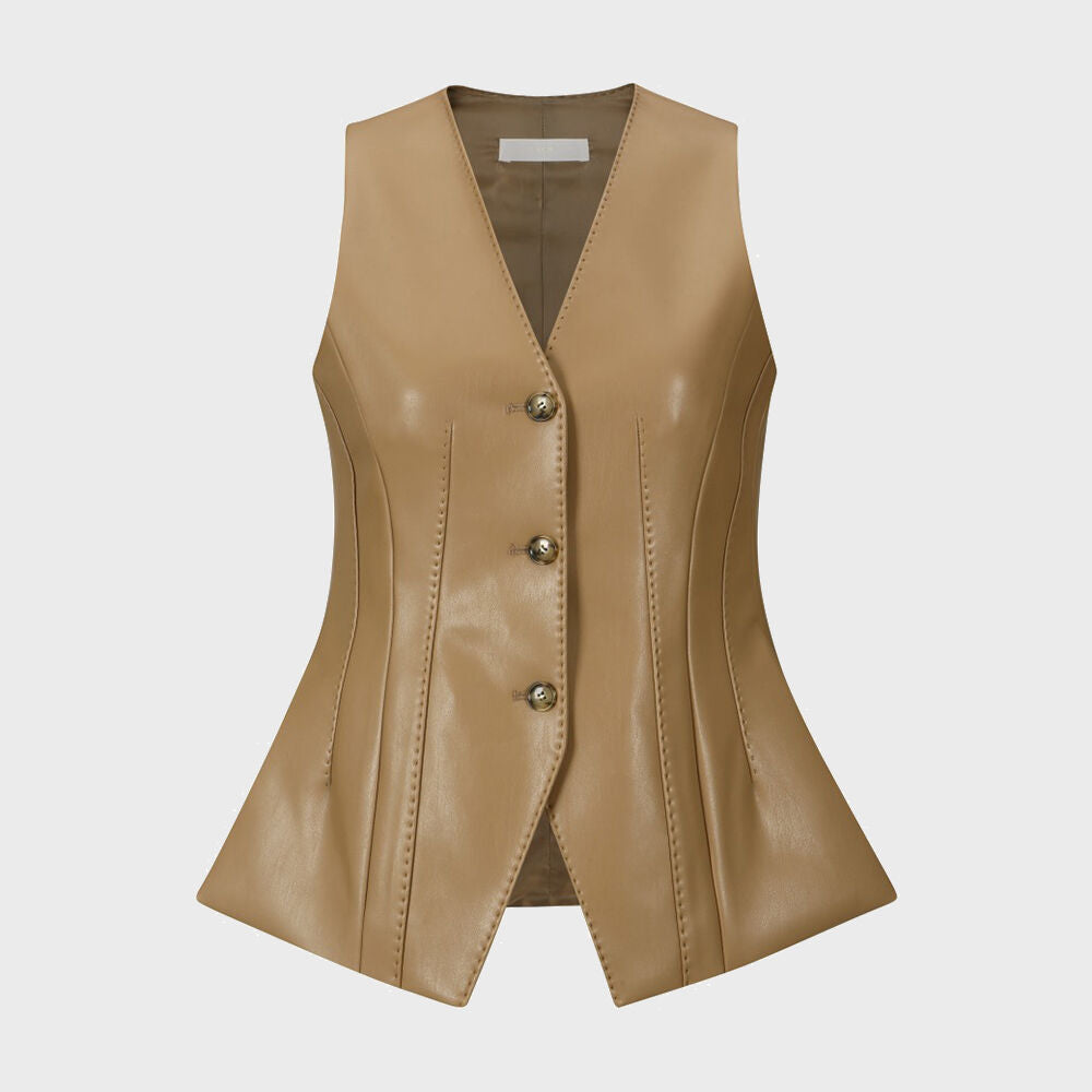 YCH FAUX LEATHER SLIMFIT VEST BEIGE (W24VT3021BE)