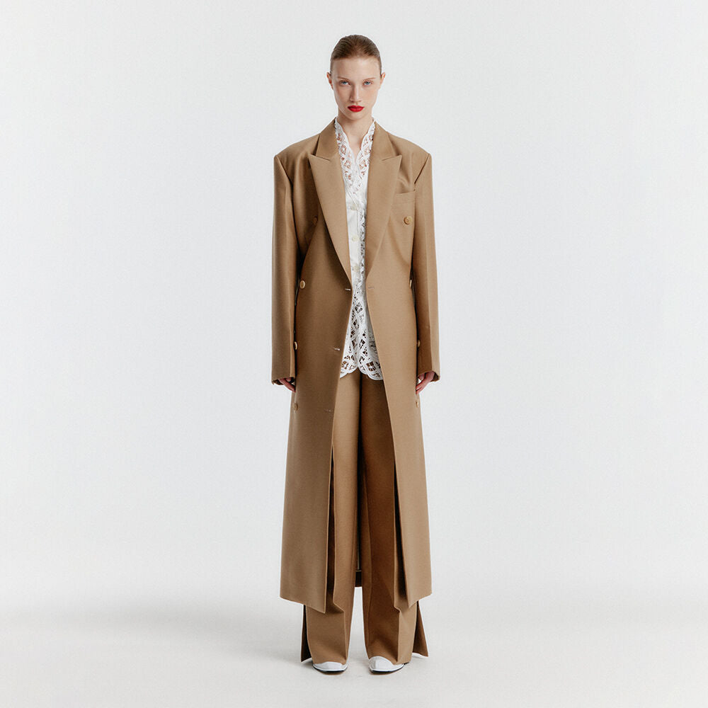 EENK YALE Peaked lapel Tailored Long Coat - Beige
