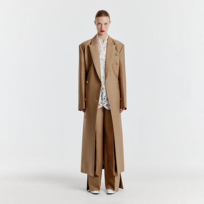 YALE Peaked lapel Tailored Long Coat - Beige