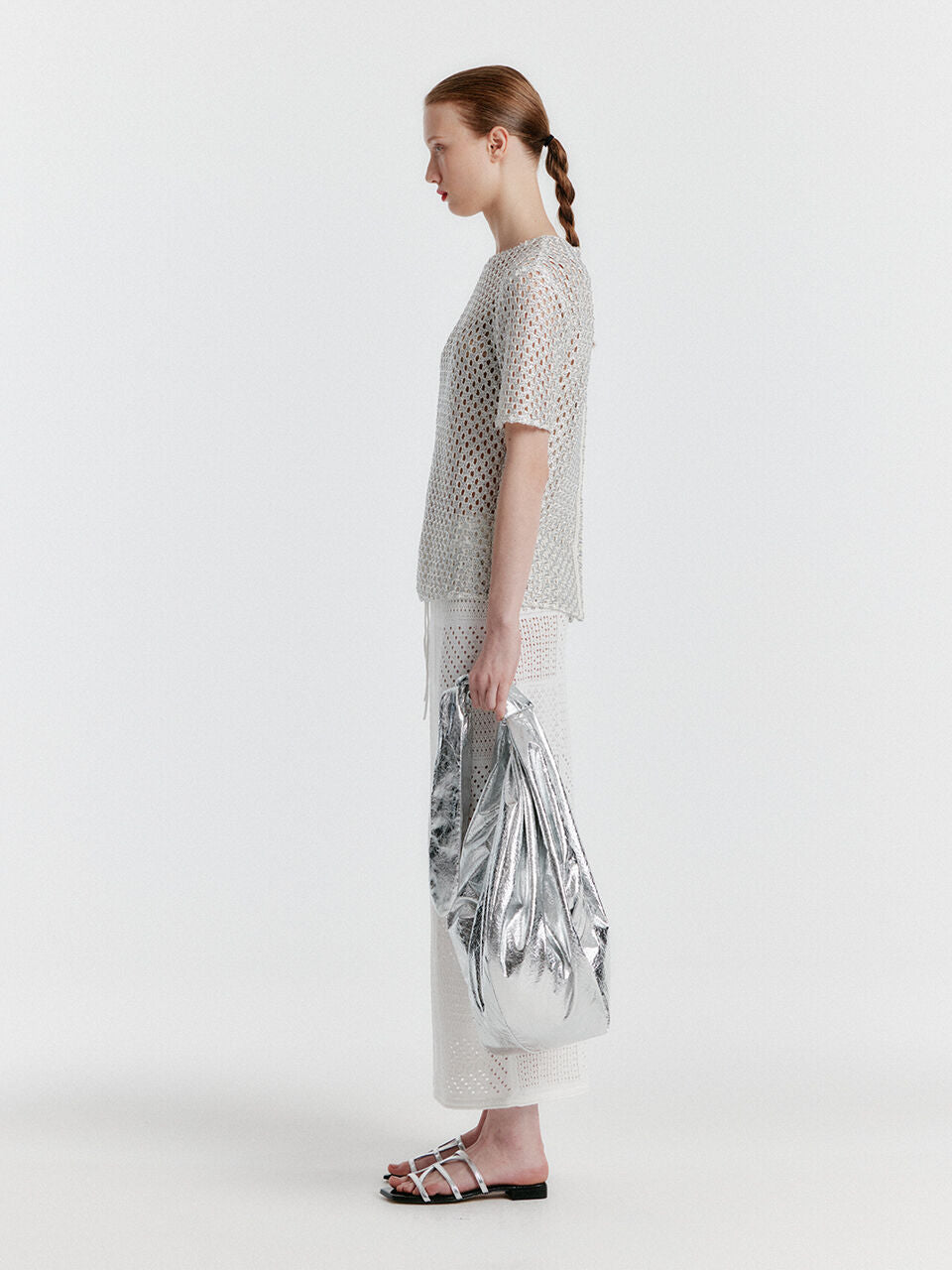 EENK YIZNY Panelled Lace Knit Long Skirt - White