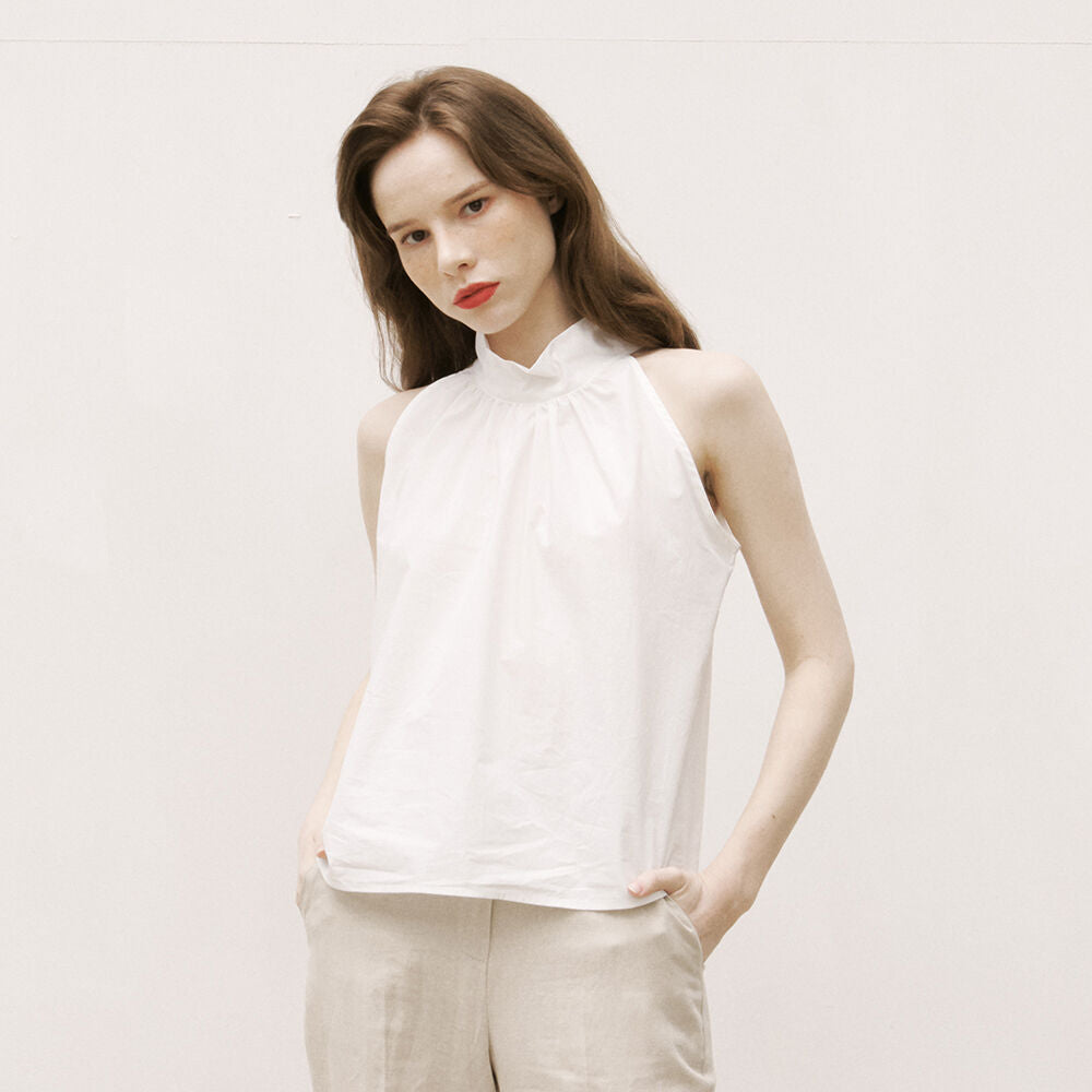 320showroom Shirring Halter Neck Back Button Blouse-2color