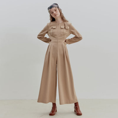 WAIST SLIT  SOLID JUMPSUIT_BEIGE