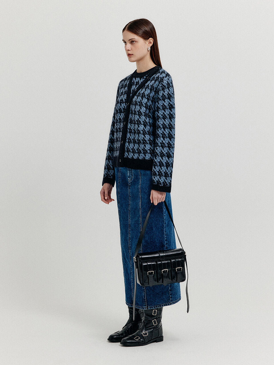 EENK EENK XOUI Houndstooth Check Knit Cardigan - Blue/Black
