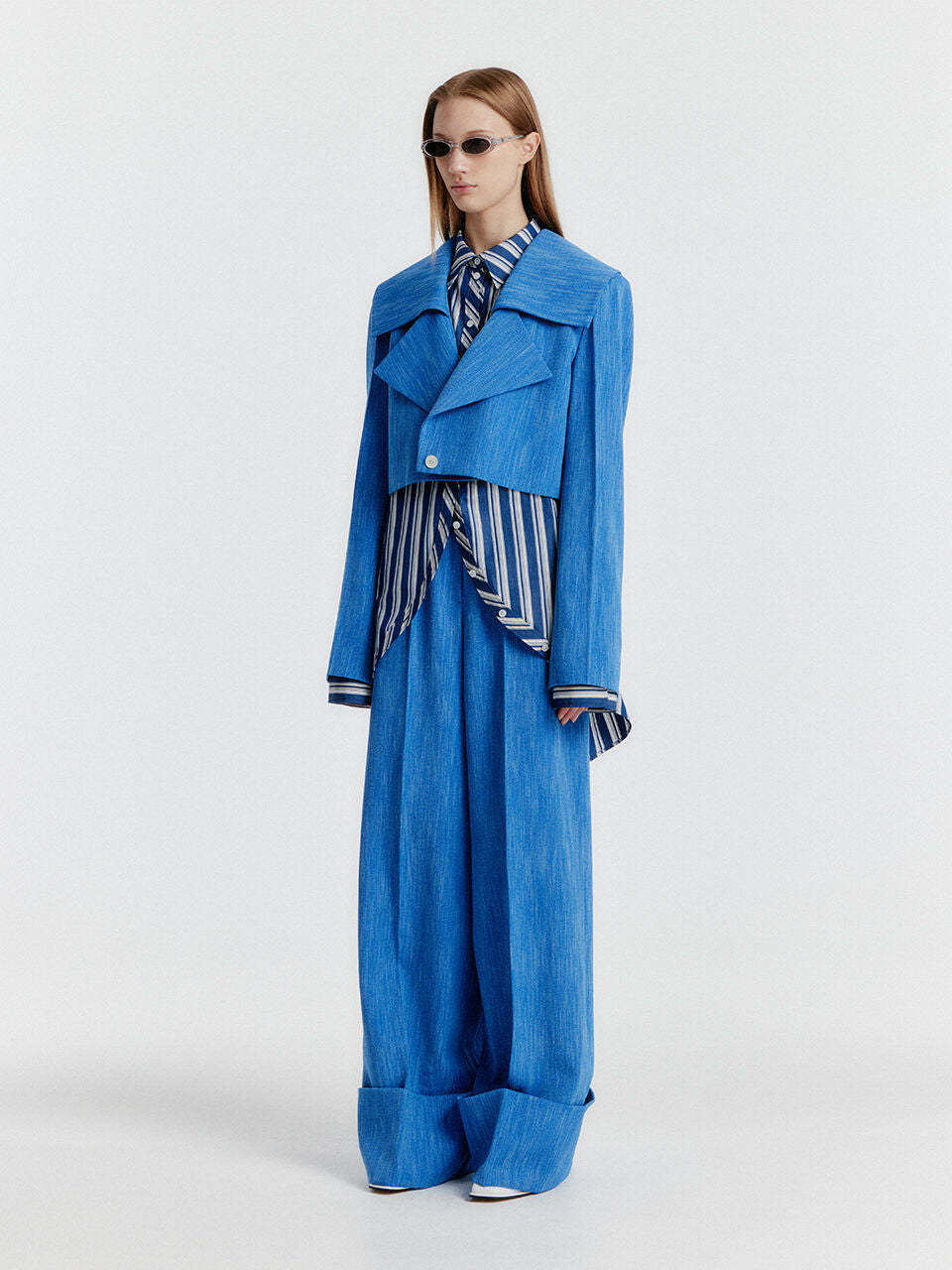 EENK YEMO Big Collar Cropped Jacket - Blue