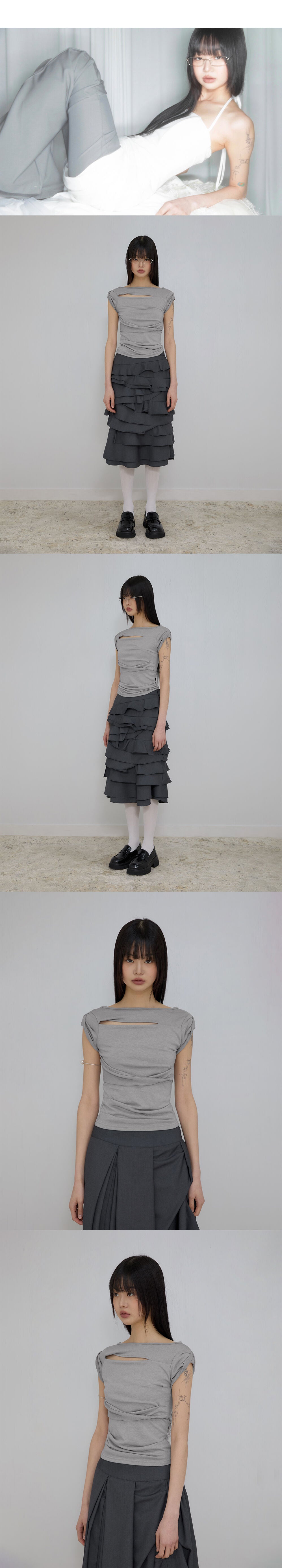 FLAREUP Asymmetrical Draped Roll-Up T-Shirt (FL-165_Gray)