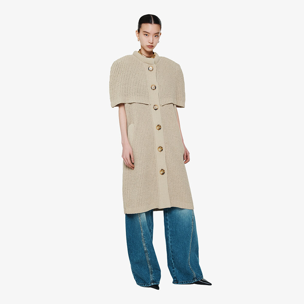YCH BUTTONED CABLE-KNIT CAPE BEIGE (F24KT8021BE)