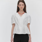 MARIECLAIRE Lace puff V-neck blouse (MAGBBL07MWH)