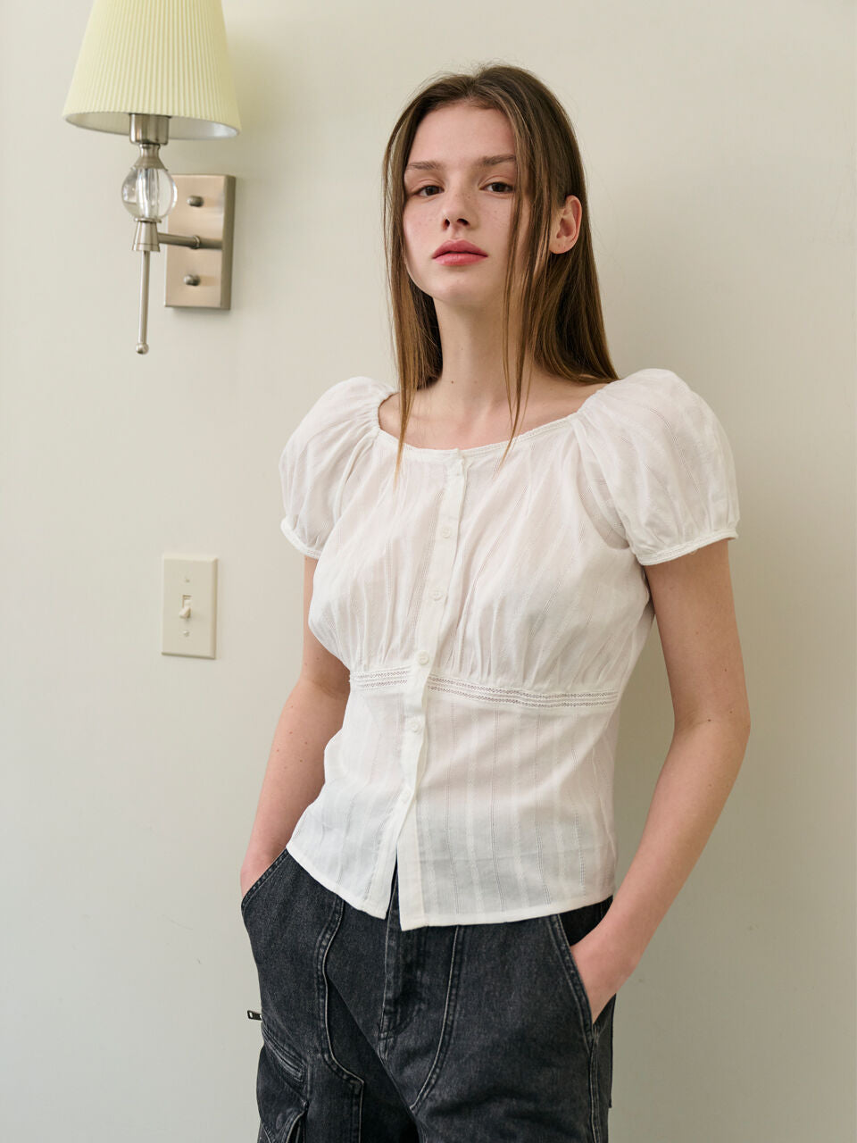 SALBOL PUNCHING LACE BLOUSE [WHITE]