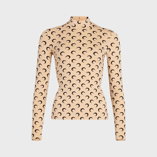 MARINE SERRE (W) MOON PRINTED JERSEY SECOND SKIN HIGHNECK TOP TAN