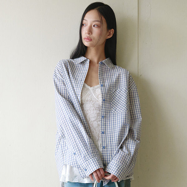 rolarola LOOSE FIT CHECK SHIRT BLUE