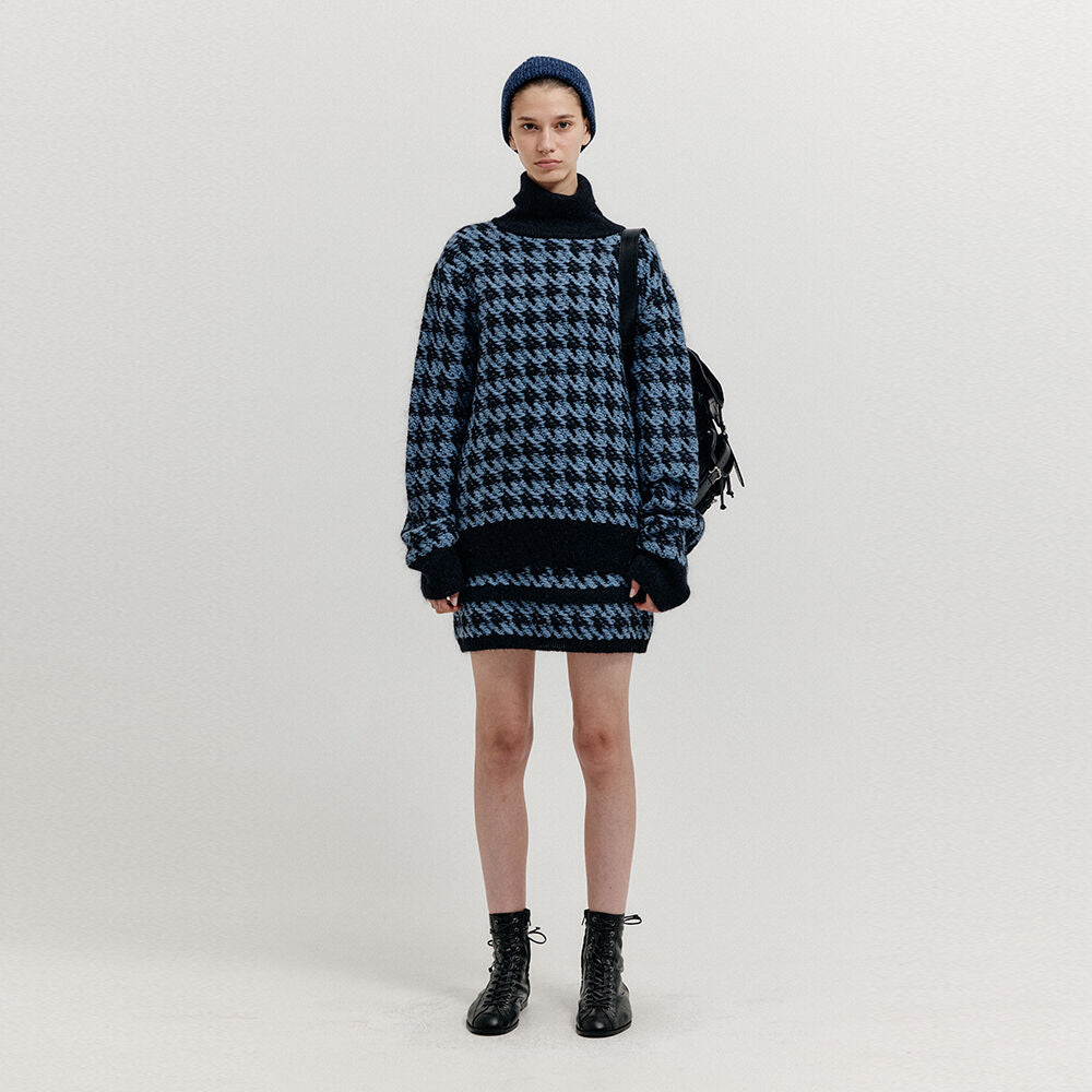 EENK EENK XIAMOND Houndstooth Check Knit Skirt - Blue/Black