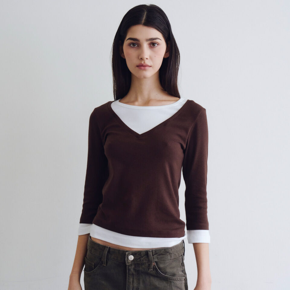 WAVE UNION Layered V-neck Three-quarter sleeve top Brown
