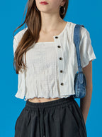 KOLEAT [Wearing Han Bo-reum and Lee Chae-yeon] Set-up summer cooling Marmont crop cardigan short-sleeved T-shirt and string tank top set [white]