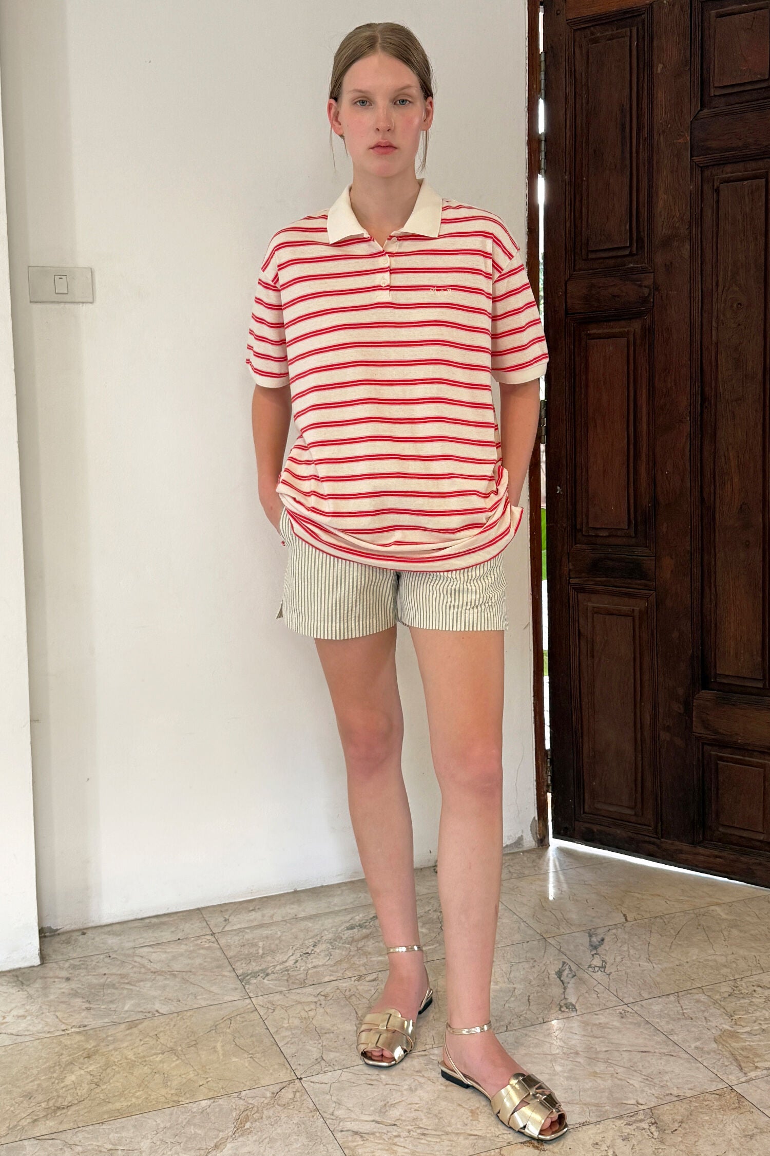 SINOON Stripe Half Sleeve PK Shirt (Red)