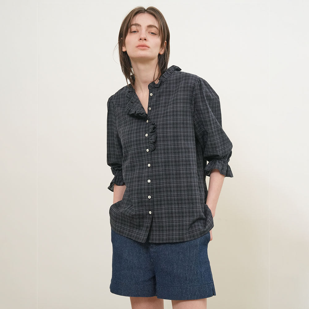 GENERAL IDEA WOMAN check frill blouse [DARK NAVY] / GF2LBL517