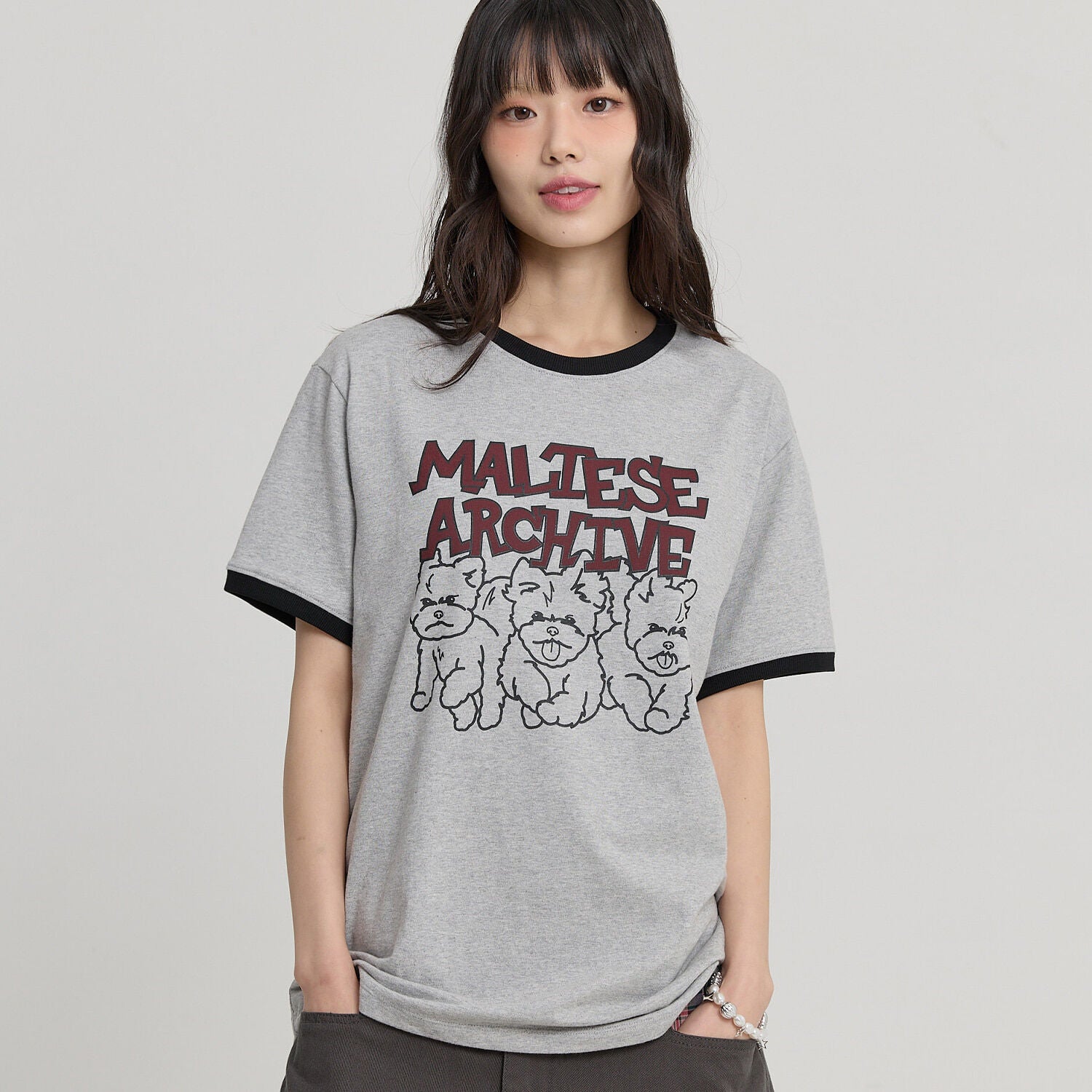 WAIKEI Maltese Archive Line Graphic Ringer Short Sleeve T-Shirt Gray