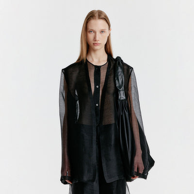 YASMIN Round-neck Long Jacket - Sheer Black