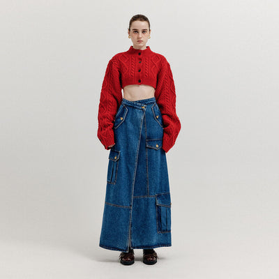 EENK Cargo Maxi Denim Wrap Skirt - Blue