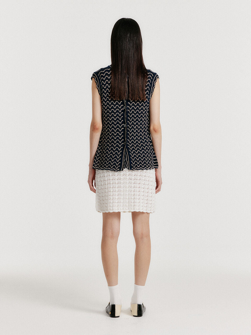 EENK EENK YUTA Lace Textured Knit Vest - Navy/Cream