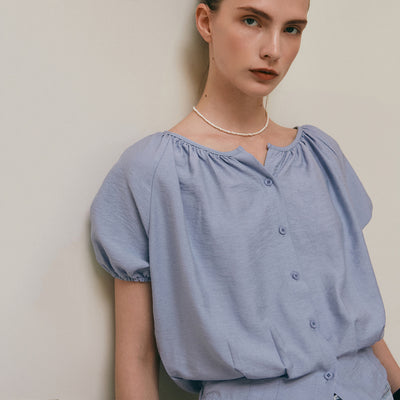 DRAWSTRING SHIRRING BLOUSE_SKY BLUE