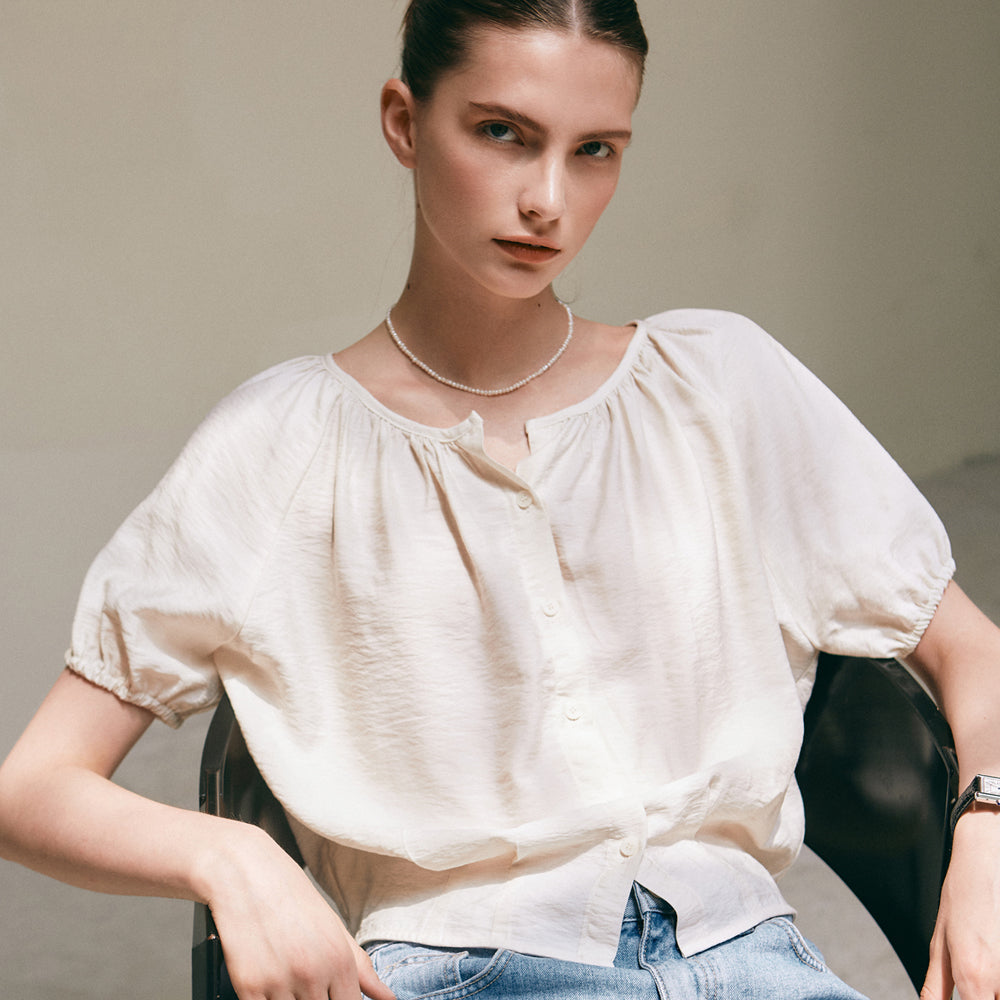 YAN 13 for women DRAWSTRING SHIRRING BLOUSE_IVORY
