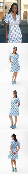 EMMA MULHOLLAND ON HOLIDAY EMMA MULHOLLAND ON HOLIDAY HIBISCUS PLAID LACE MINI DRESS (BLUE/WHITE)