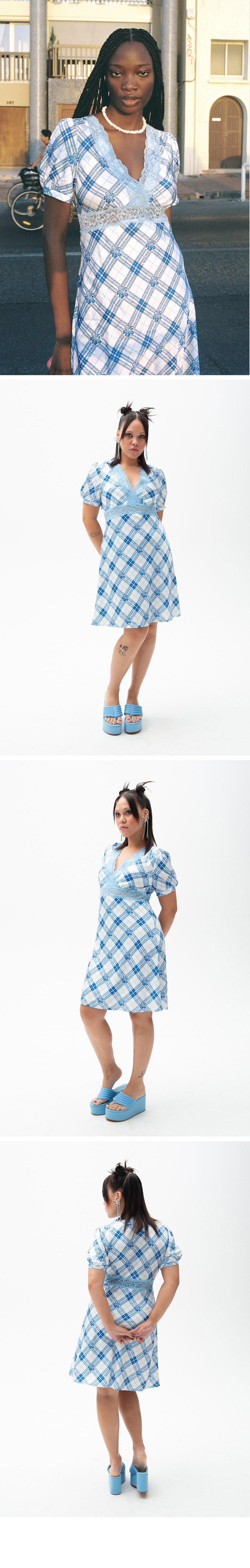 EMMA MULHOLLAND ON HOLIDAY EMMA MULHOLLAND ON HOLIDAY HIBISCUS PLAID LACE MINI DRESS (BLUE/WHITE)
