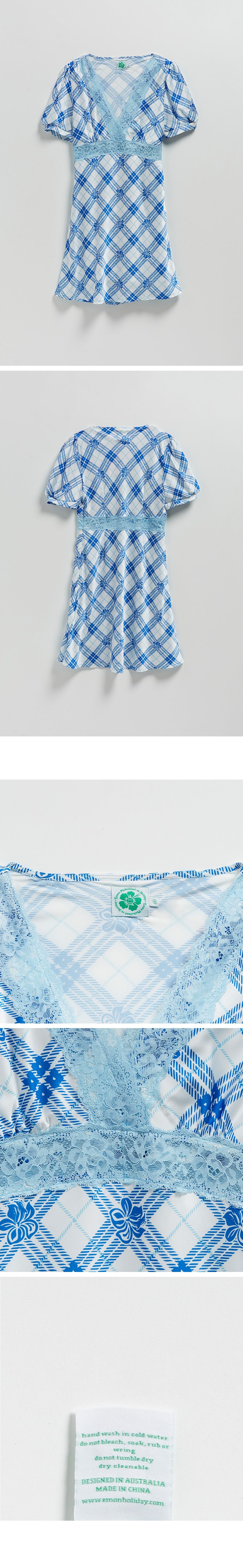 EMMA MULHOLLAND ON HOLIDAY EMMA MULHOLLAND ON HOLIDAY HIBISCUS PLAID LACE MINI DRESS (BLUE/WHITE)