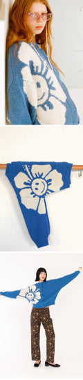 EMMA MULHOLLAND ON HOLIDAY (W) HAPPY HIBISCUS CHUNKY KNIT CARDIGAN (BLUE/CREAM)