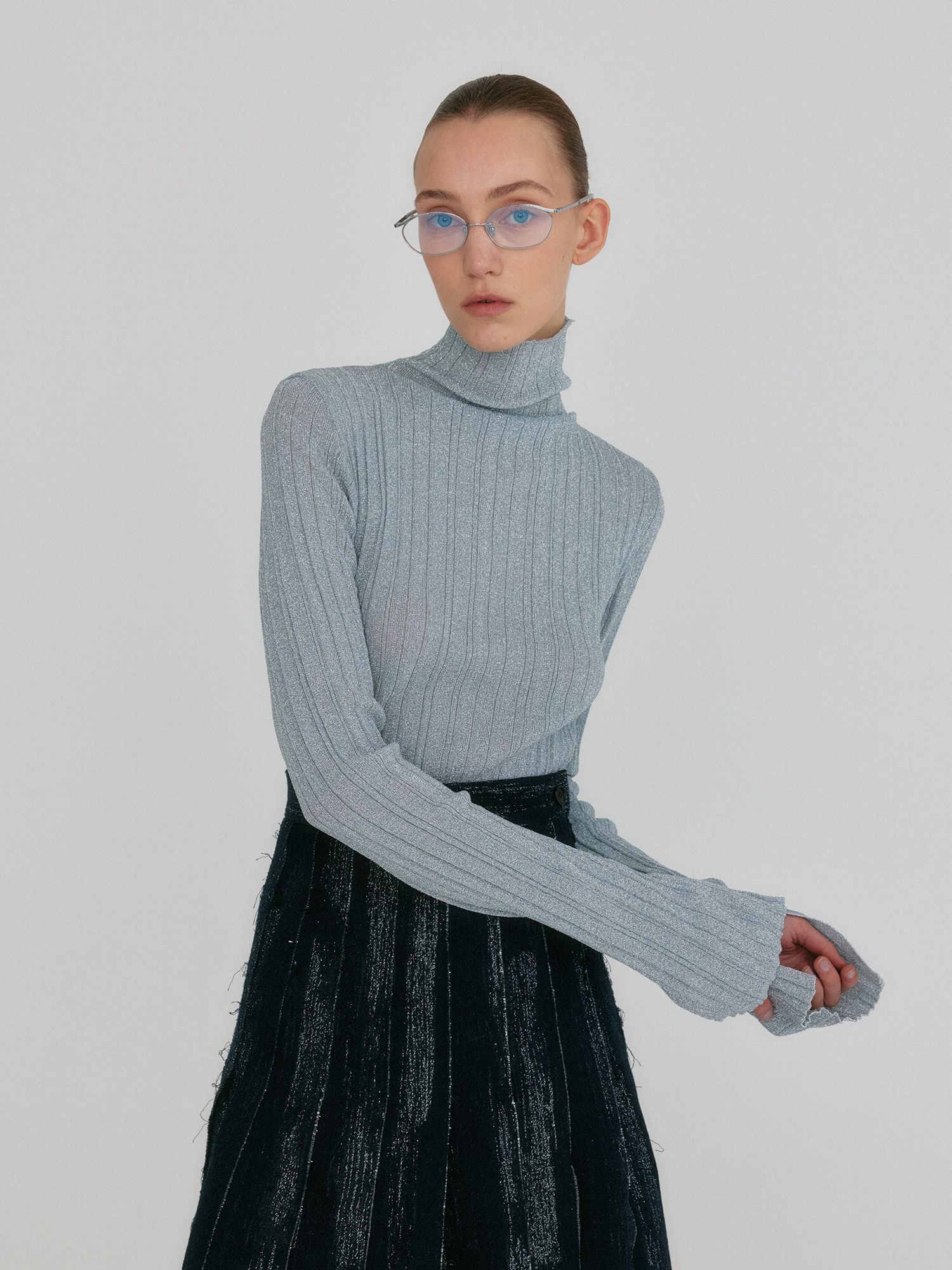 EENK ZOUQ Slim-fit Turtle Neck Knit Top - Silver