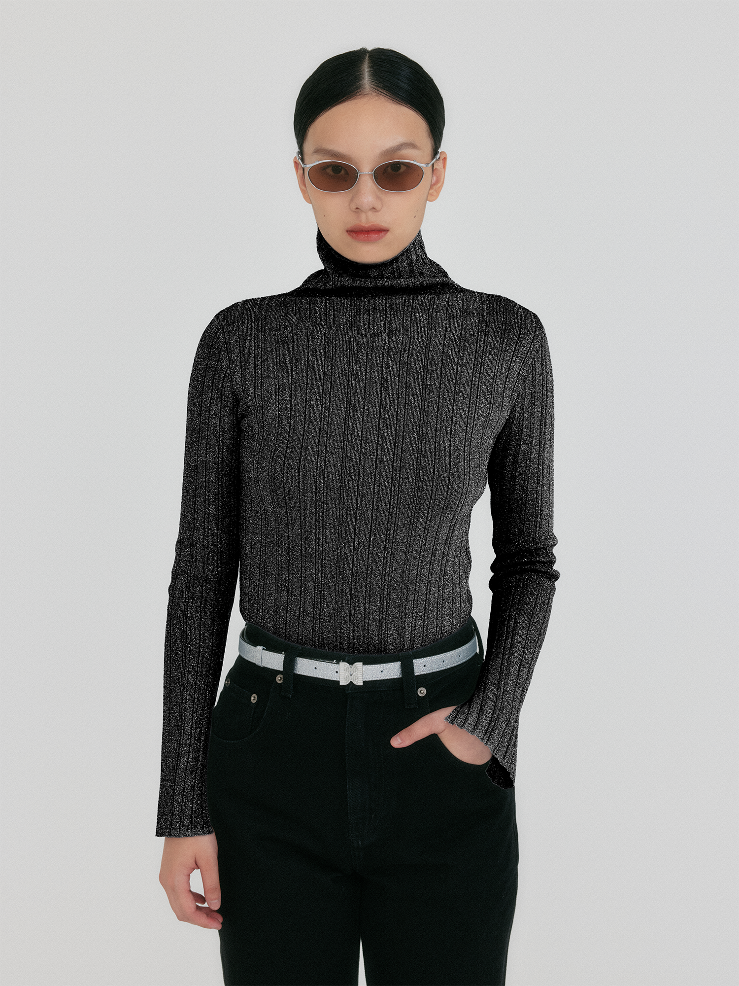 EENK ZOUQ Slim-fit Turtle Neck Knit Top - Grey