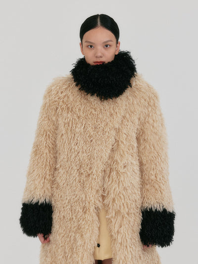 ZUFFIEA Fluffy Funnel Neck Coat - Beige