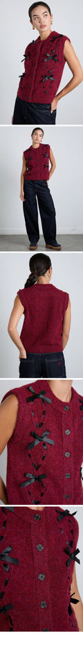 DAMSON MADDER (W) AGGIE KNIT VEST WITH BOWS- BURGUNDY CABLE (BURGUNDY)
