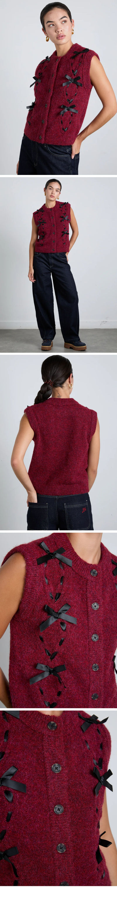 (W) AGGIE KNIT VEST WITH BOWS- BURGUNDY CABLE (BURGUNDY)