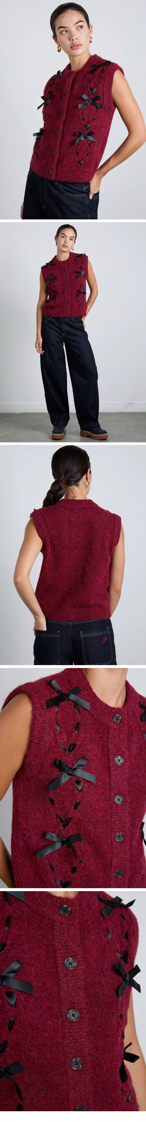 DAMSON MADDER (W) AGGIE KNIT VEST WITH BOWS- BURGUNDY CABLE (BURGUNDY)