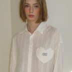 RONRON EYELET STITCH HEART POCKET OVER FIT SHIRT WHITE