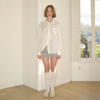 RONRON EYELET STITCH HEART POCKET OVER FIT SHIRT WHITE