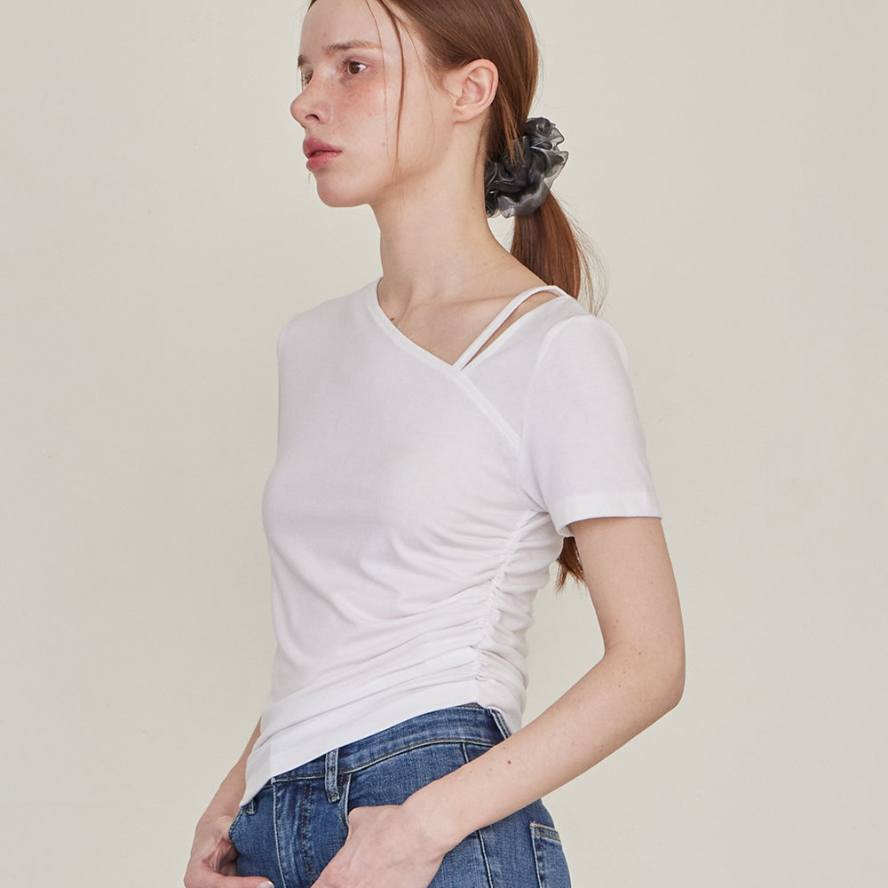 LESEIZIEME Unbalanced straps balloon short sleeve t-shirt - 2color