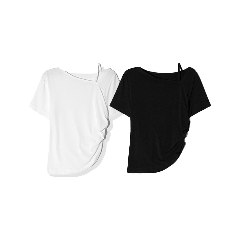 LESEIZIEME Unbalanced straps balloon short sleeve t-shirt - 2color
