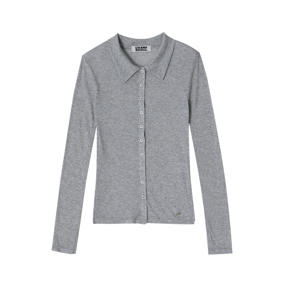 CRANK SHEER COLLARED BUTTON TOP_GREY