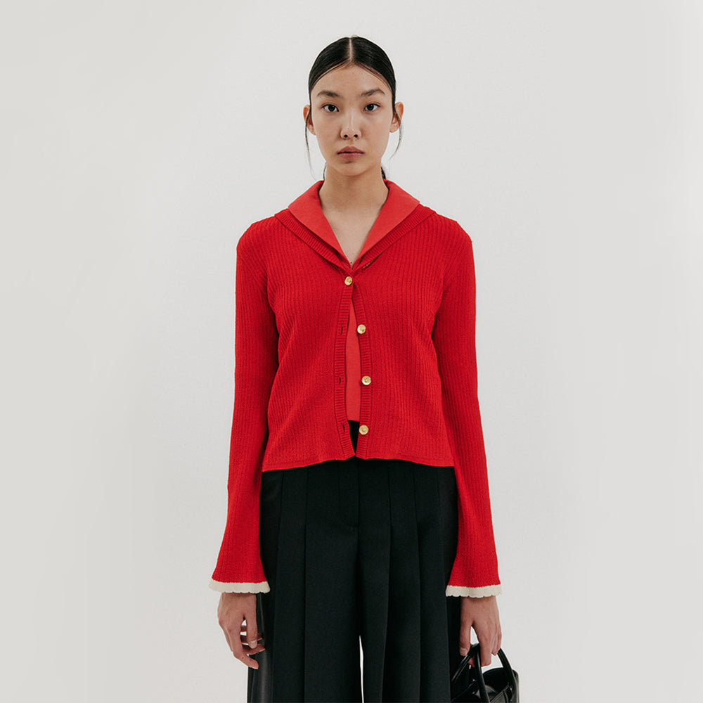 EENK Sailor Collar colored Knit Cardigan - Red