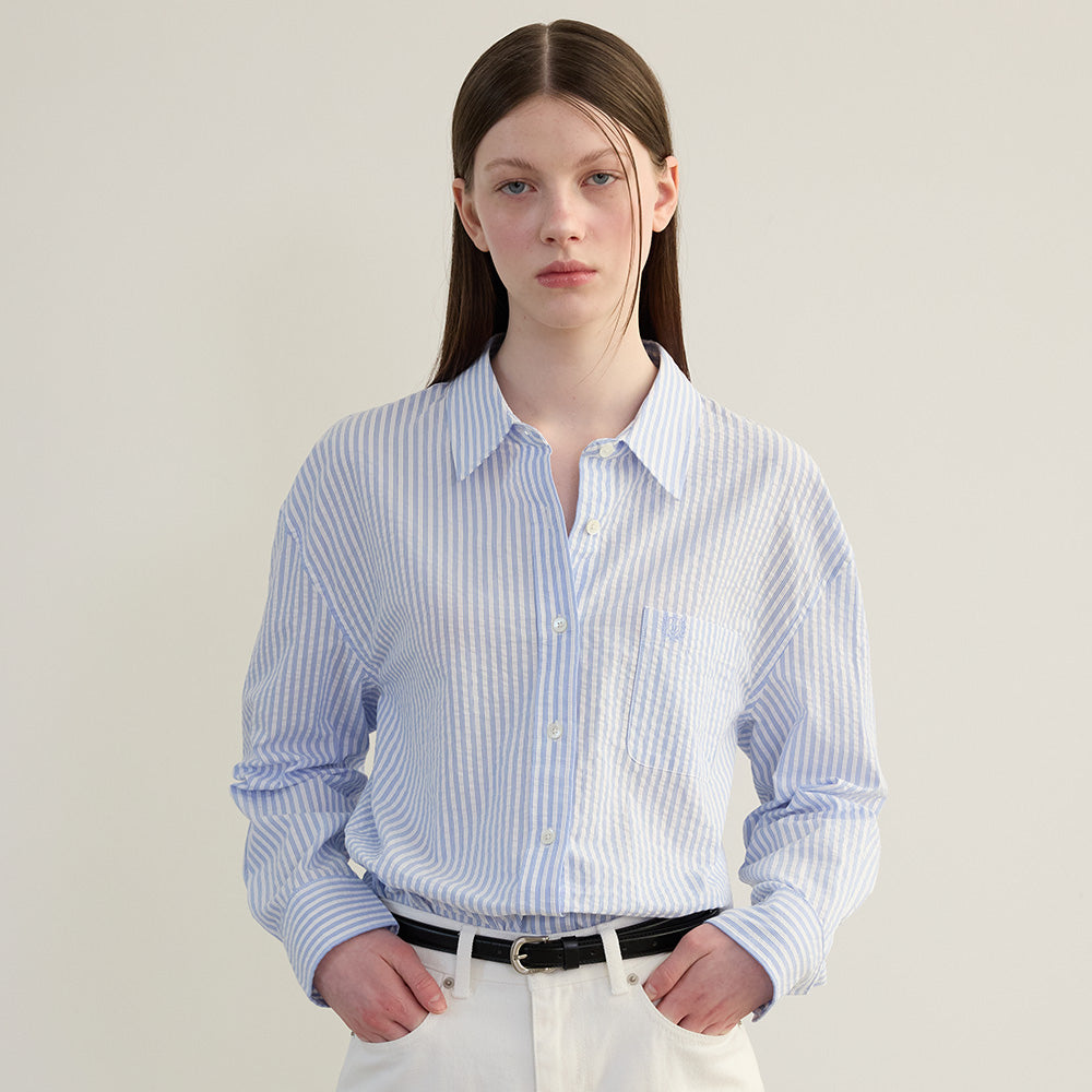 TTUDEMENT (Seersucker material) CLASSIC STRIPE SHIRT BLUE