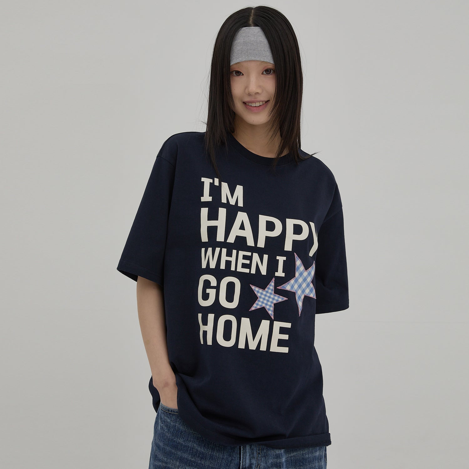 WAIKEI [NCT WISH Riku wearing] I am HAPPY short sleeve t-shirt navy