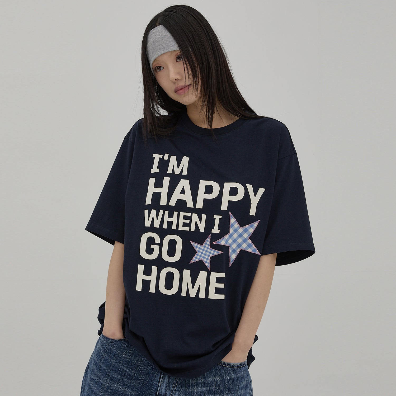 WAIKEI [NCT WISH Riku wearing] I am HAPPY short sleeve t-shirt navy