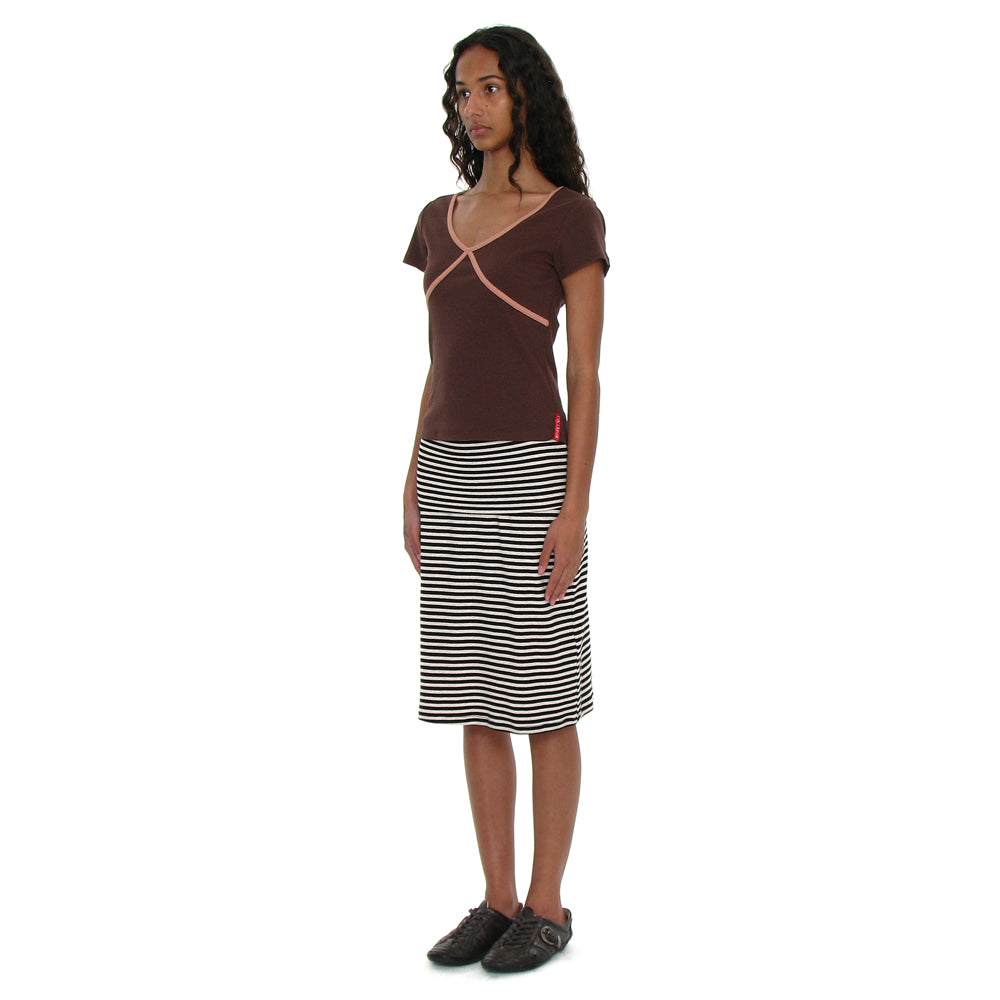 PARTIMENTO WOMEN PWC CONTRAST BINDING V-NECK TOP_BROWN