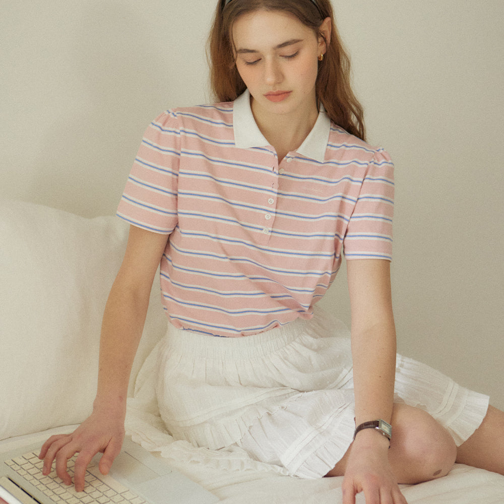 OUR HOPE Stripe Shirring Pique T-Shirt - Pink