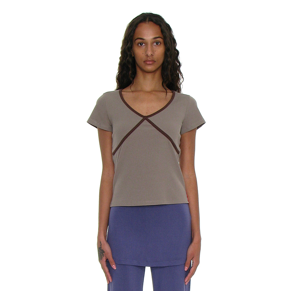 PARTIMENTO WOMEN PWC CONTRAST BINDING V-NECK TOP_KHAKI
