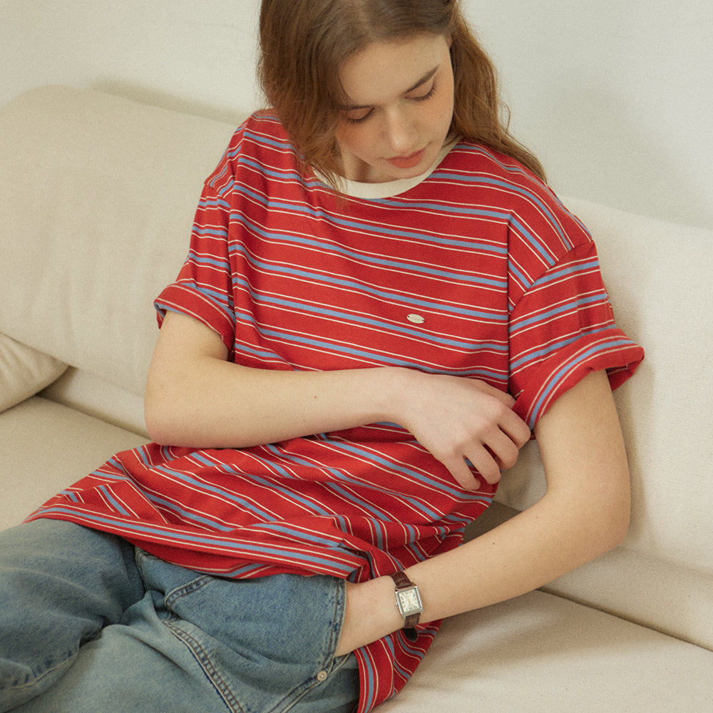 OUR HOPE Over-fit Logo Stripe T-shirt - Red