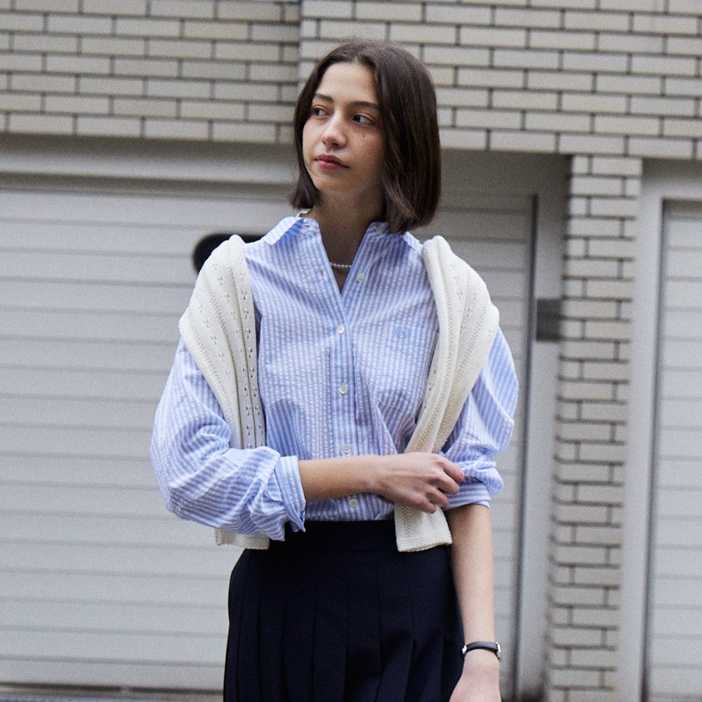 TTUDEMENT (Seersucker material) CLASSIC STRIPE SHIRT BLUE